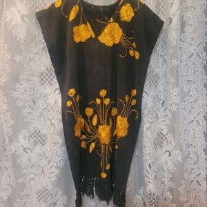 Handmade in Mexico Womens Size M/L Floral Embroidered Fringe Sun Dress